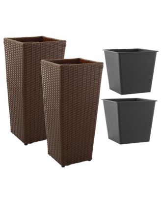 Set of 2 All-Weather Outdoor Planters with Liners - Espresso, Tall Tapered Plant Boxes with Flower Pots
