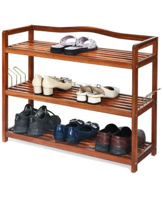 3-Tier Acacia Wood Shoe Rack with Side Metal Hooks