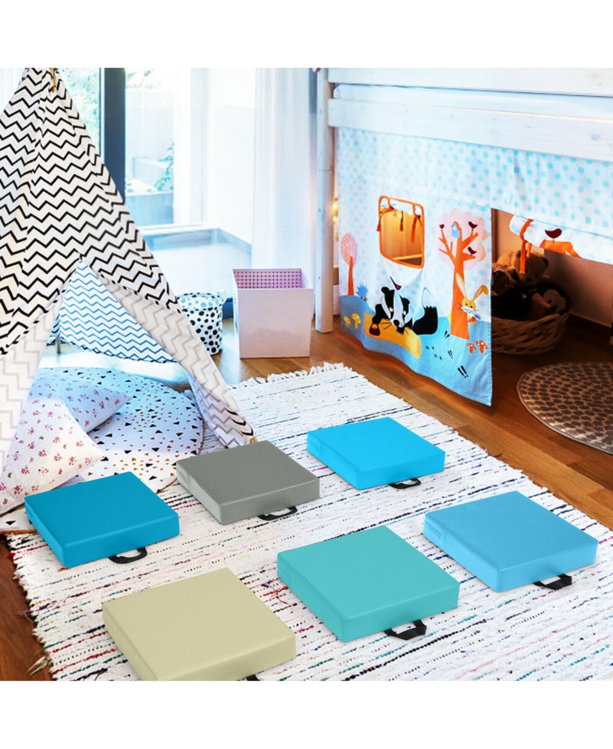 Gouun 6 Pieces Inches Square Toddler Floor Cushions Flexible Soft Foam Seating with Handles