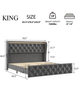 King LED Platform Bed Frame with Charging Station, Velvet Upholstered Bed Frame with Button Wingback Headboard, Metal Frame with No Box Spring Needed