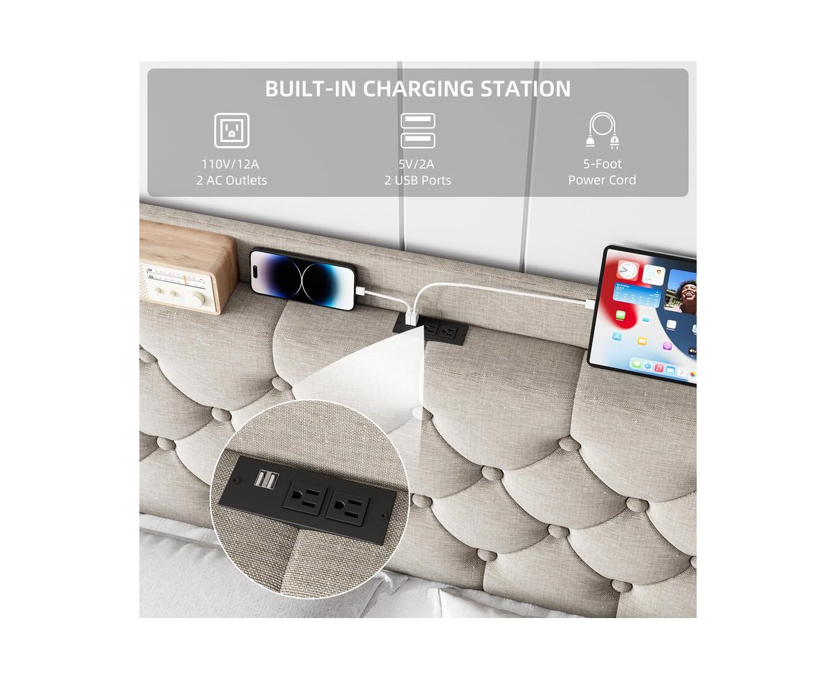 gaomon Size Bed Frame with Upholstered Wingback Headboard, Luxurious Linen Upholstery Platform Bed with Charging Station, Button Tufted Design, N