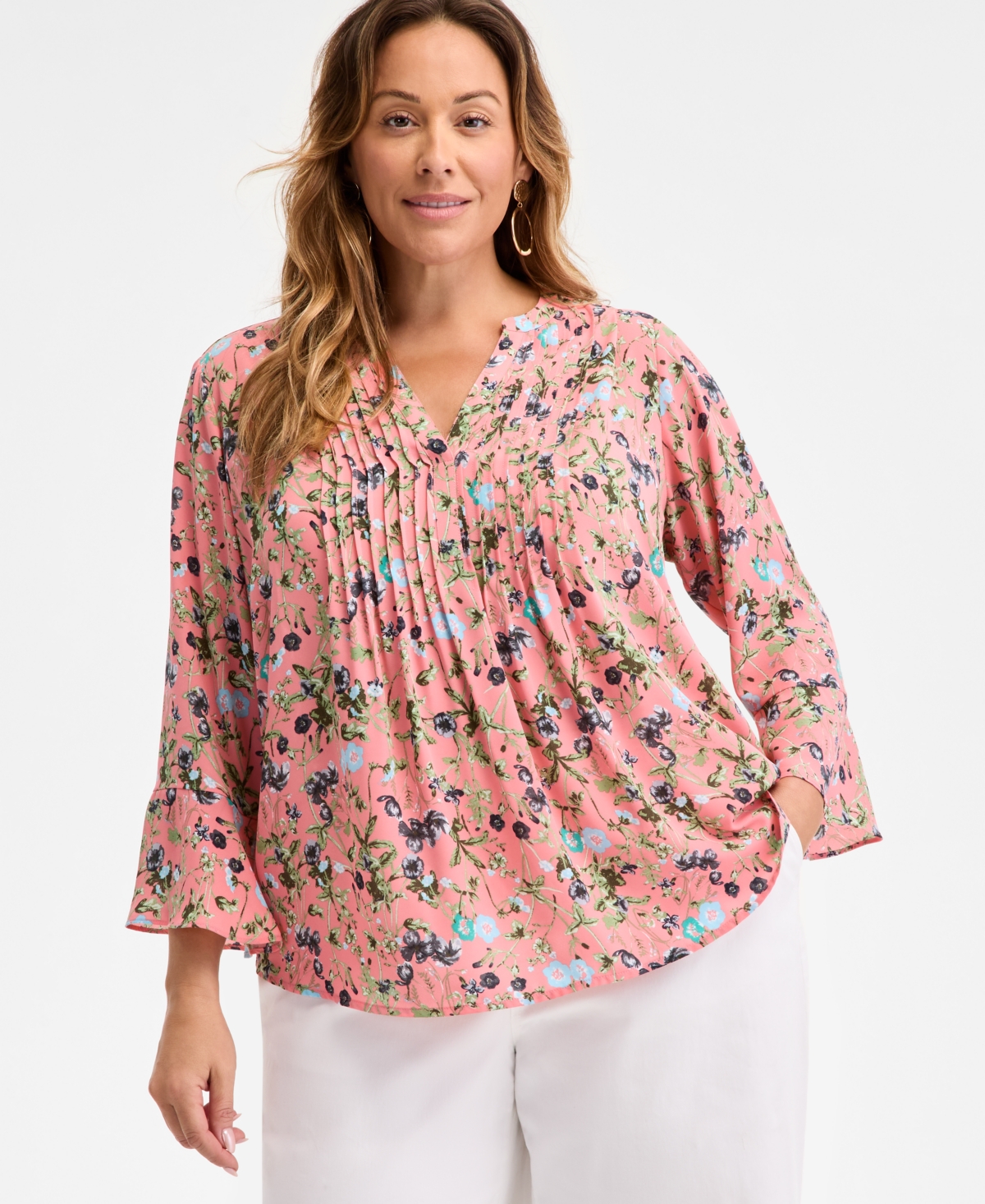 Style & Co Plus Size Printed Pintuck Top, Exclusively At Macy's In Floral Salmon