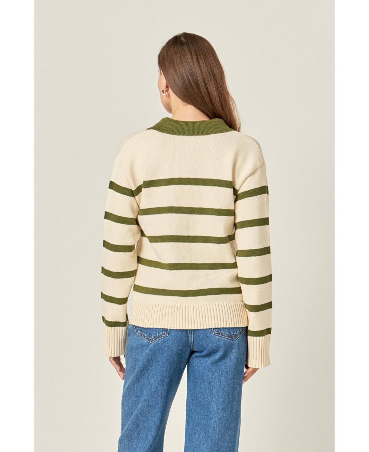 English Factory Women's Striped Collared Sweater -olive