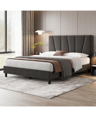 Bed Frame With Headboard,Linen Upholstered Platform Bed With Adjustable Diagonal Channel Tufted Headboard, Mattress Foundation With Strong Wooden Slats, Box Spring Optional