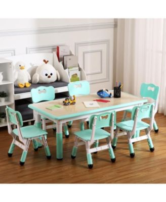 Kids Table and Chairs Set, Toddler Height Adjustable Desk with Graffiti Desktop, Arts & Crafts Table With 6 Seats, Non-Slip Legs, Max 300lbs