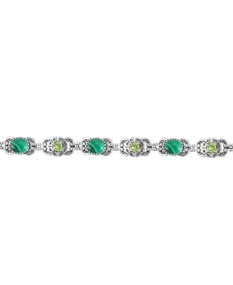 Sterling Silver Malachite Peridot Concha Link Bracelet, Size Large