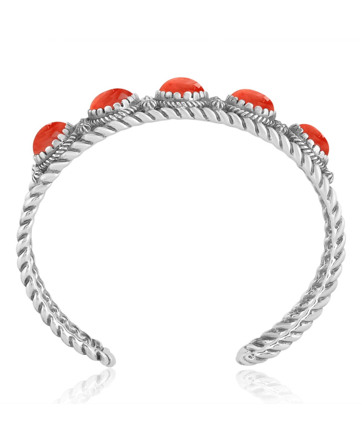 American West Jewelry Sterling Silver Red Spiny Oyster Gemstone Rope Design 5-Stone Cuff Bracelet