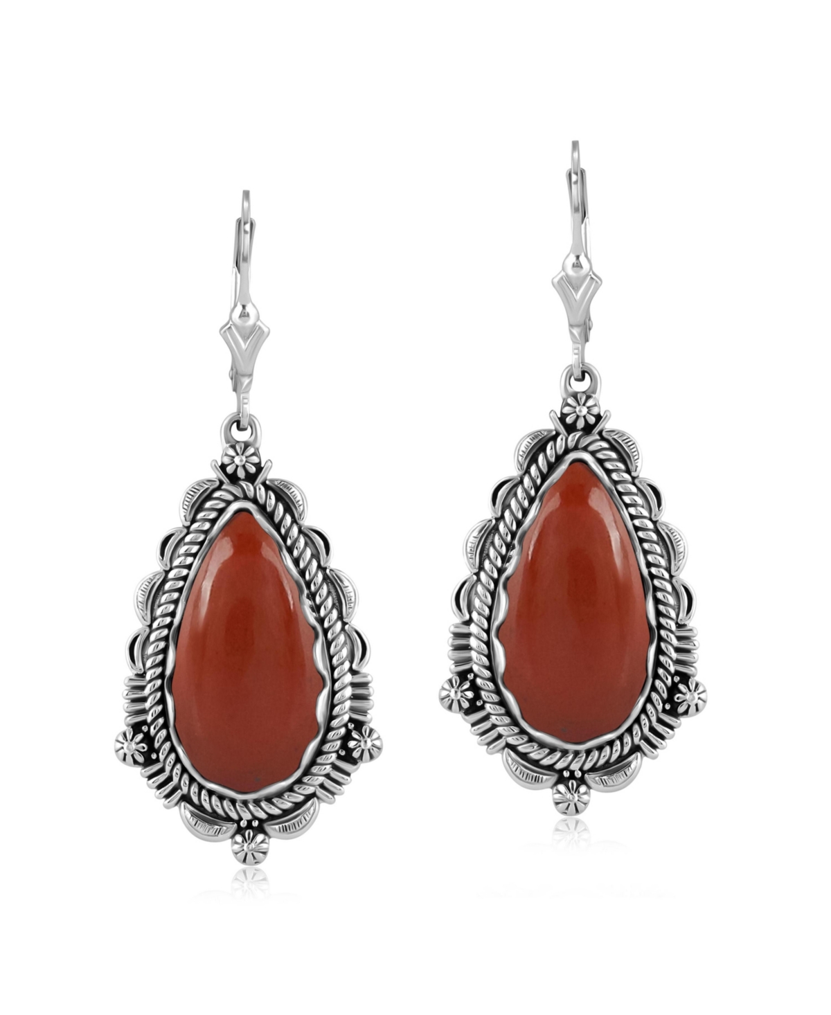 Sterling Silver Red Onyx Gemstone Pear-Shaped Dangle Earrings - Red onyx