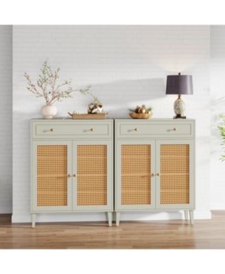 Shoe Cabinet with Doors and Drawer, Modern Shoe Storage Cabinet for Entryway, Rattan Wooden Shoe Organizer with Adjustable Shelf, Green