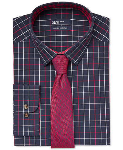 Bar III Carnaby Collection Slim-Fit Navy Check Dress Shirt and Solid Knit Skinny Tie, Only at Macy's