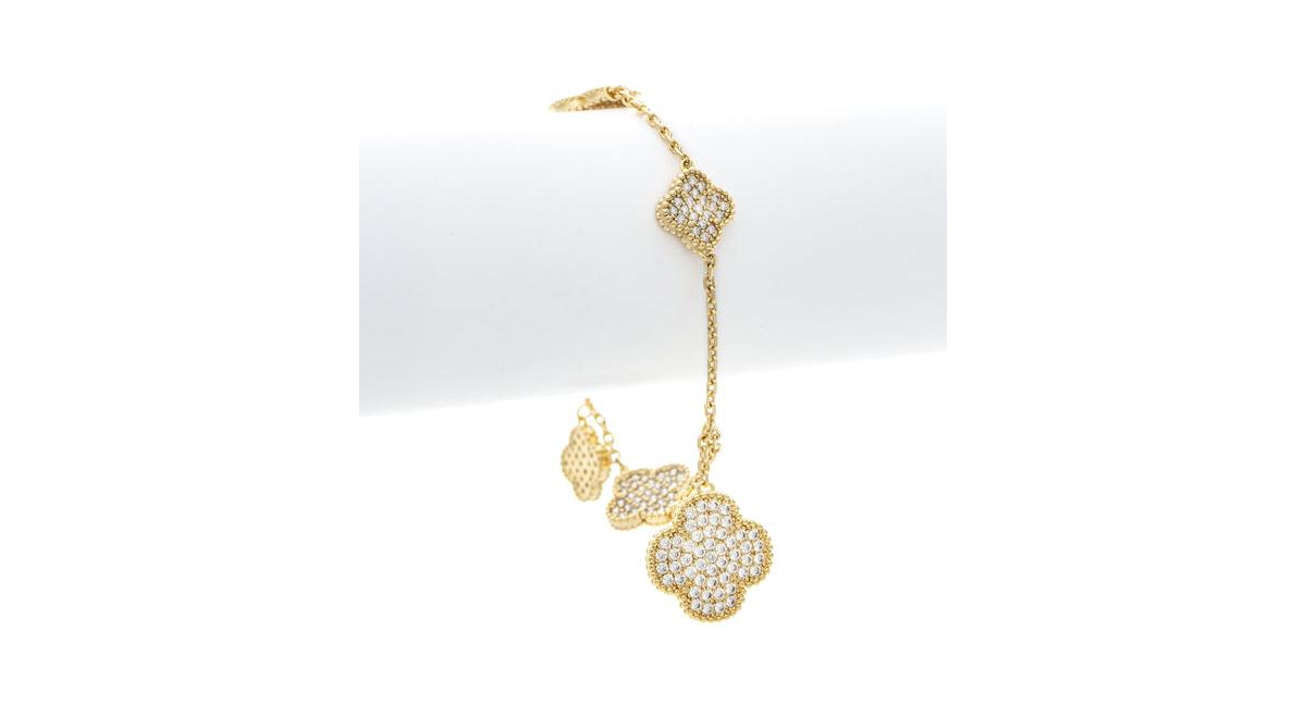 Rivka Friedman Pave Cubic Zirconia Dangling Clover Charm Bracelet - Gold with clear cz