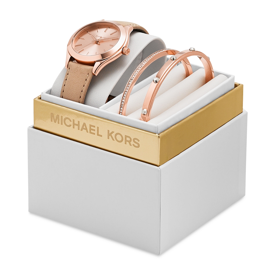 Michael Kors Womens Slim Runway Vachetta Leather Strap Watch Box Set