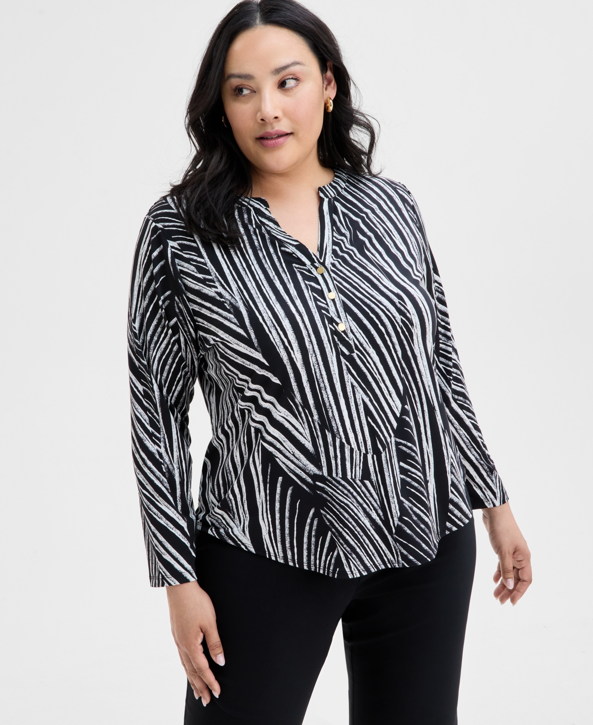 Inc International Concepts Inc Plus Size Printed Split-neck Top, Exclusively At Macy's In Pia Stripe