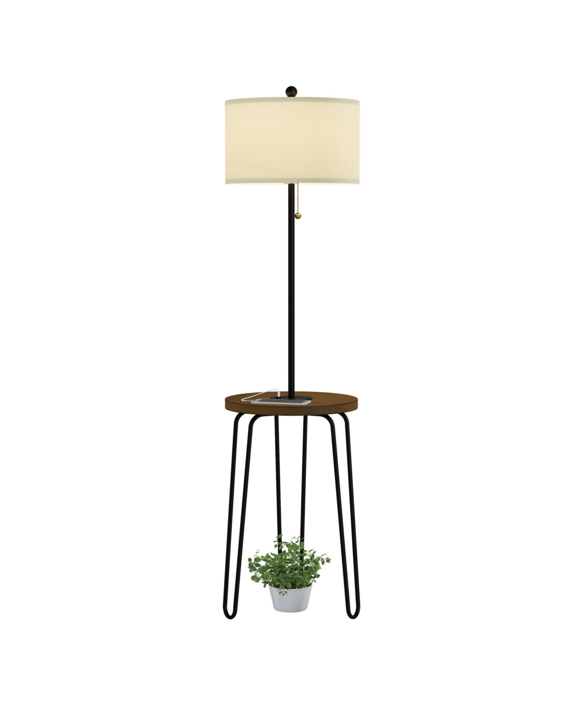 Lavish Home 59" Usb Port And Hairpin Legs Floor Lamp With Table In Brown,black And Off-white