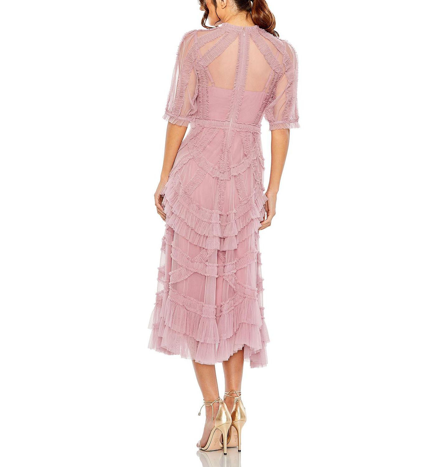 Женское платье Mac Duggal High Neck Puff Sleeve Ruffle Tiered, цвет: Состаренный розовый — фото 3