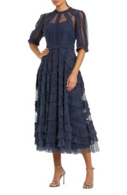 Women's High Neck Puff Sleeve Ruffle Tiered Dress
