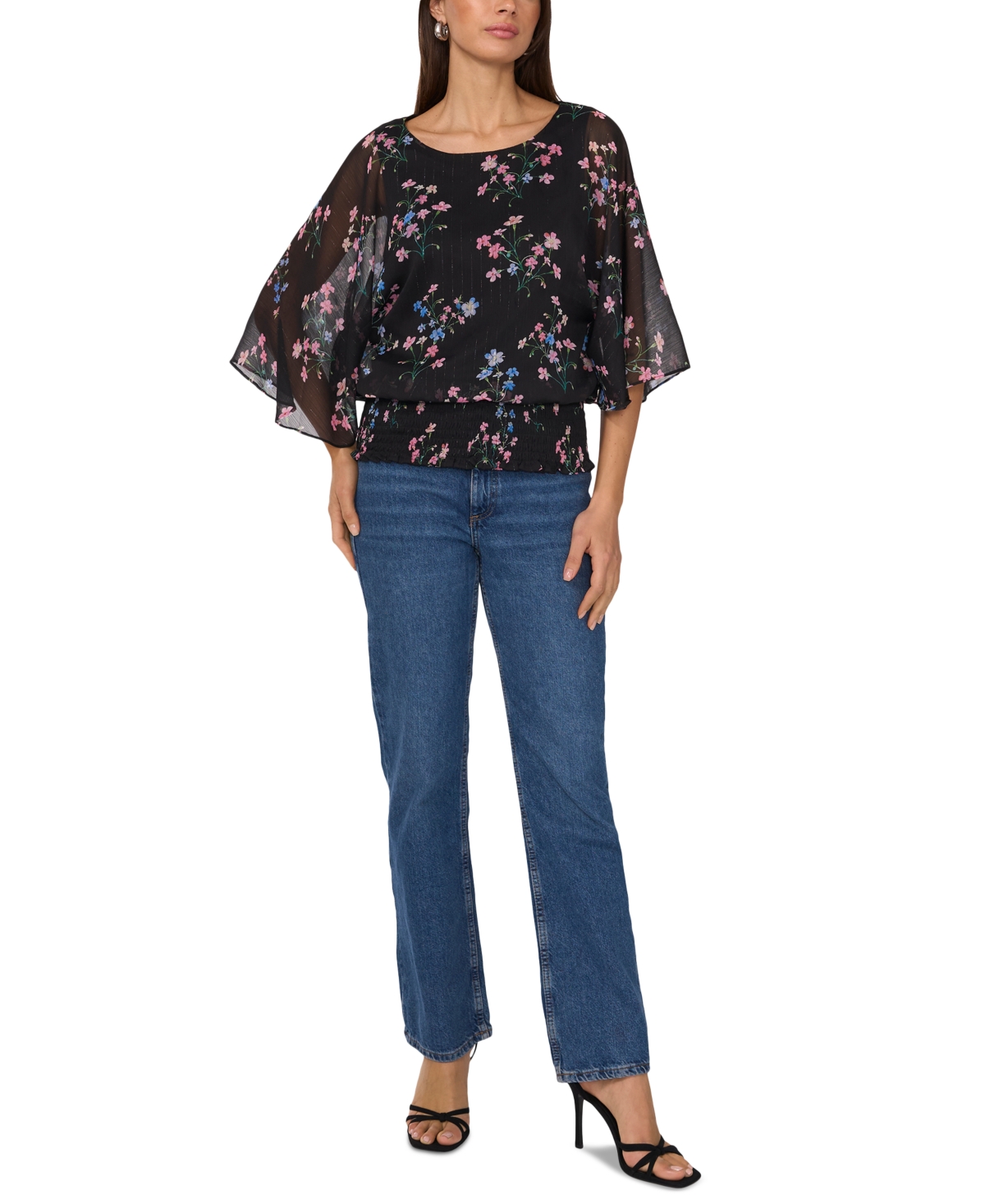 Sam & Jess Women's Flowy 3/4-Sleeve Smocked-Hem Top -pink