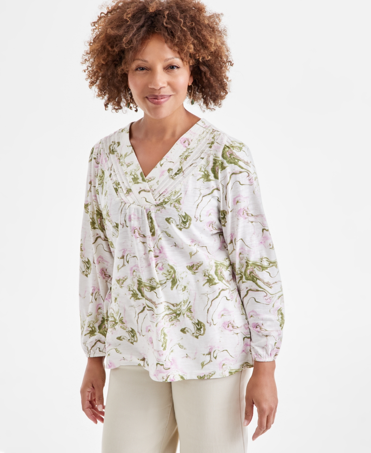 Petite V-Neck Pin-Tuck Top, Exclusively at Macy's - Dye Blue