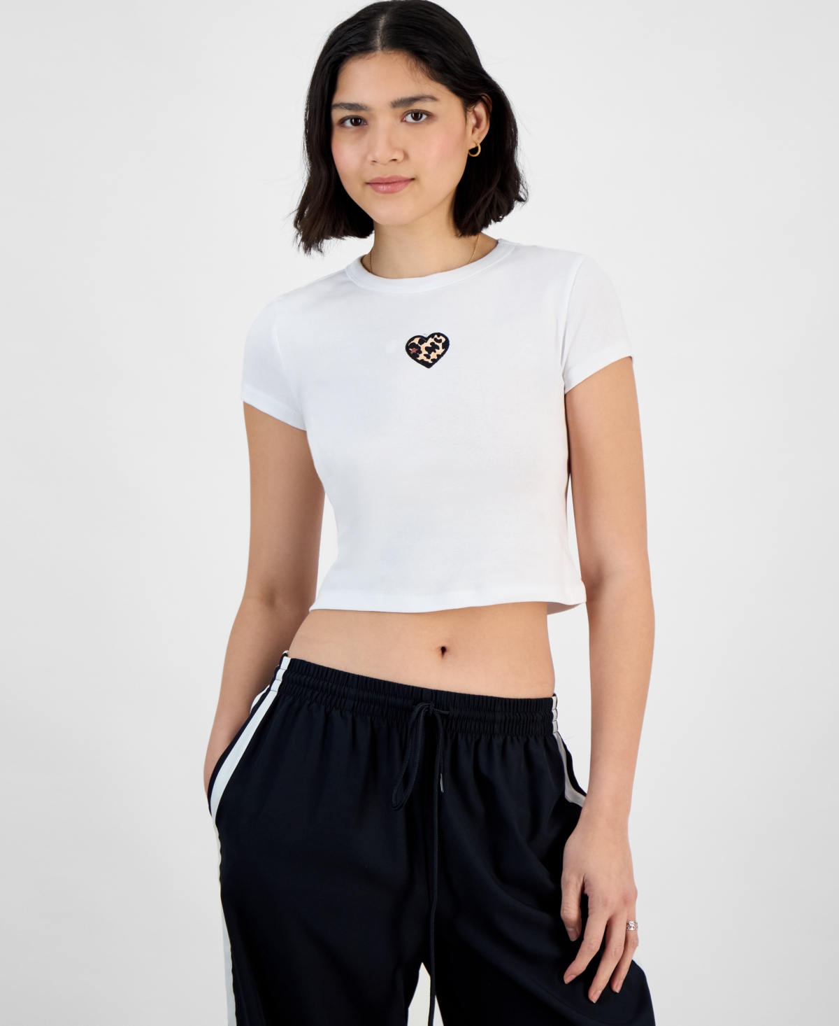 Juniors' Crop Leopard-Heart Crewneck Top - White