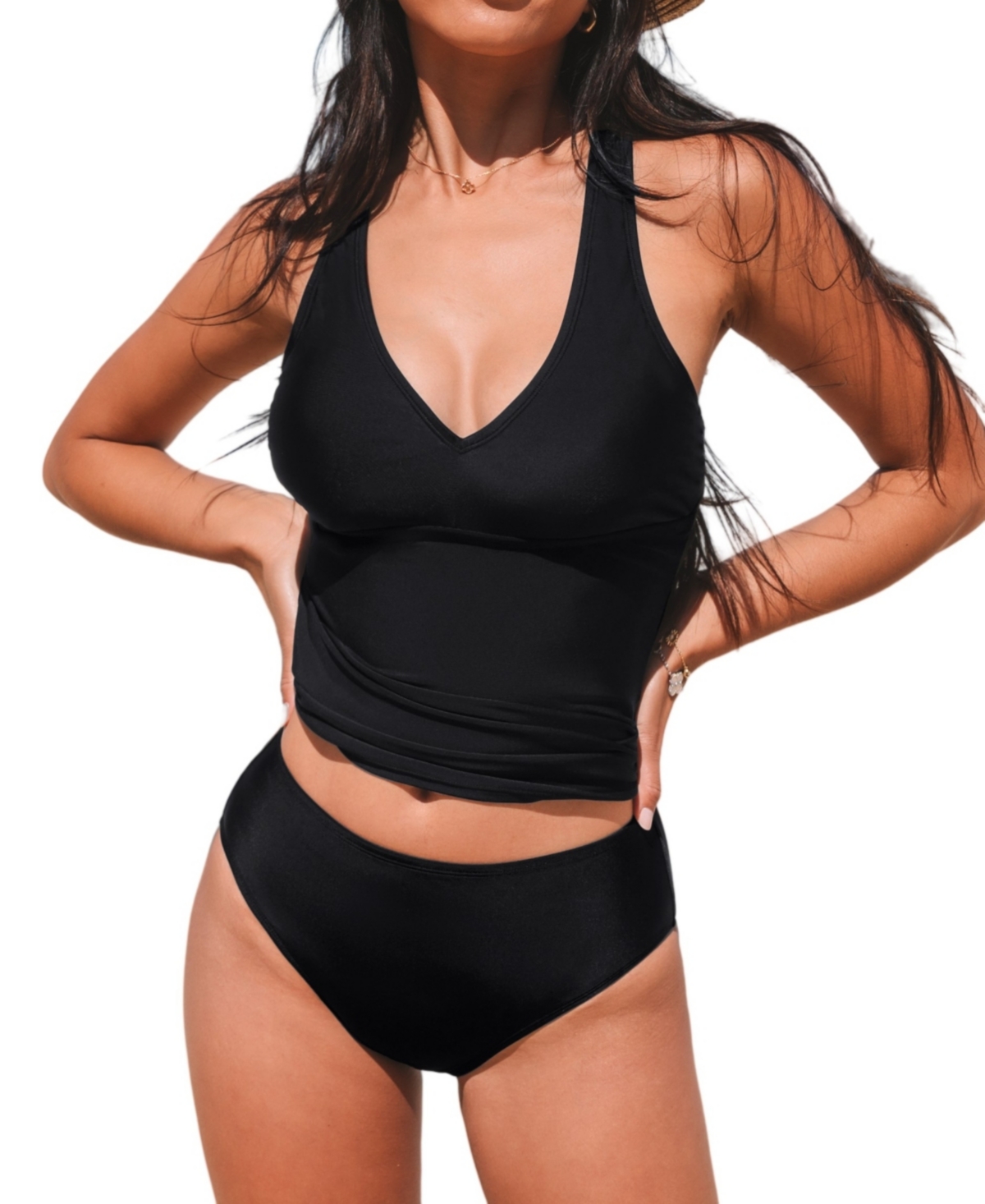 Women's Racerback Top Cutout Flowy Mid Rise Bottom Tankini Sets - Black