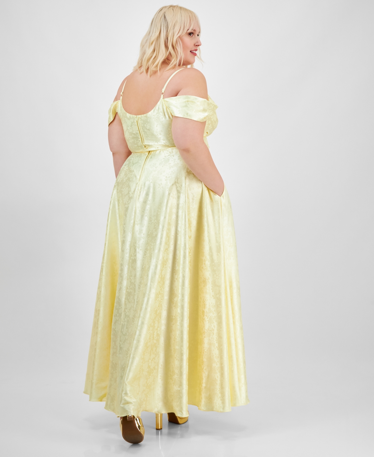 B Darlin Trendy Plus Size Off-the-shoulder Satin Jacquard Gown In Yellow