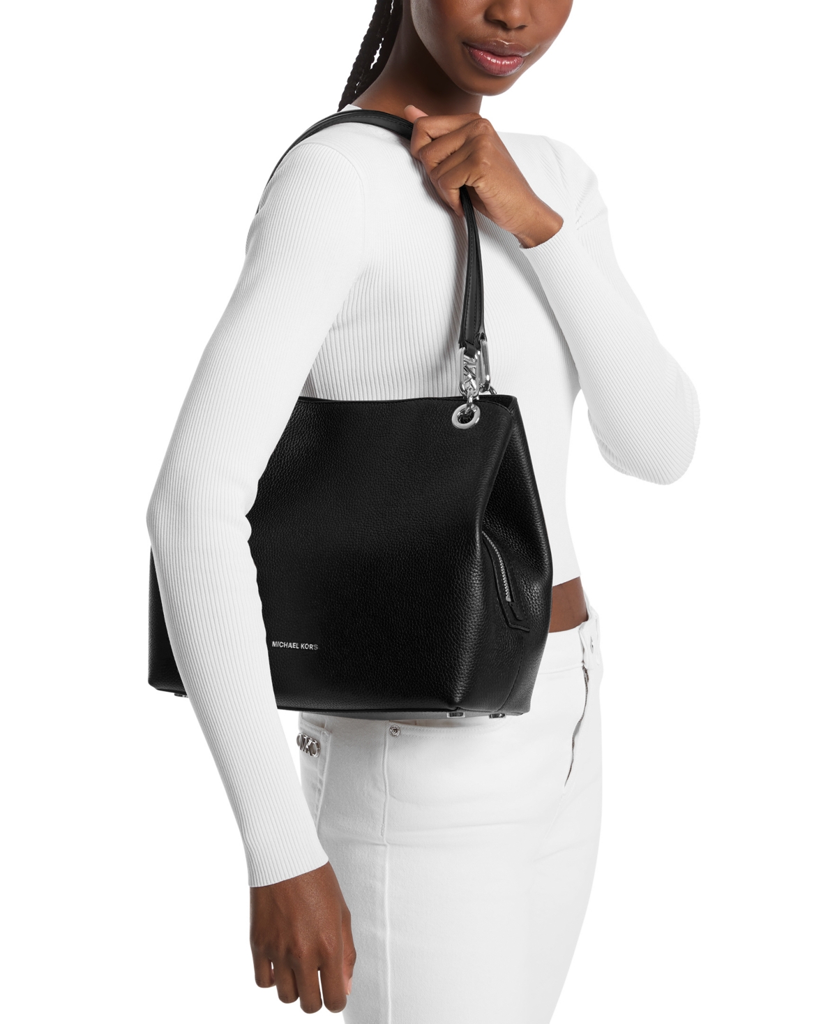 Michael Kors Michael  Kensington Large Leather Shoulder Tote In Black,silver