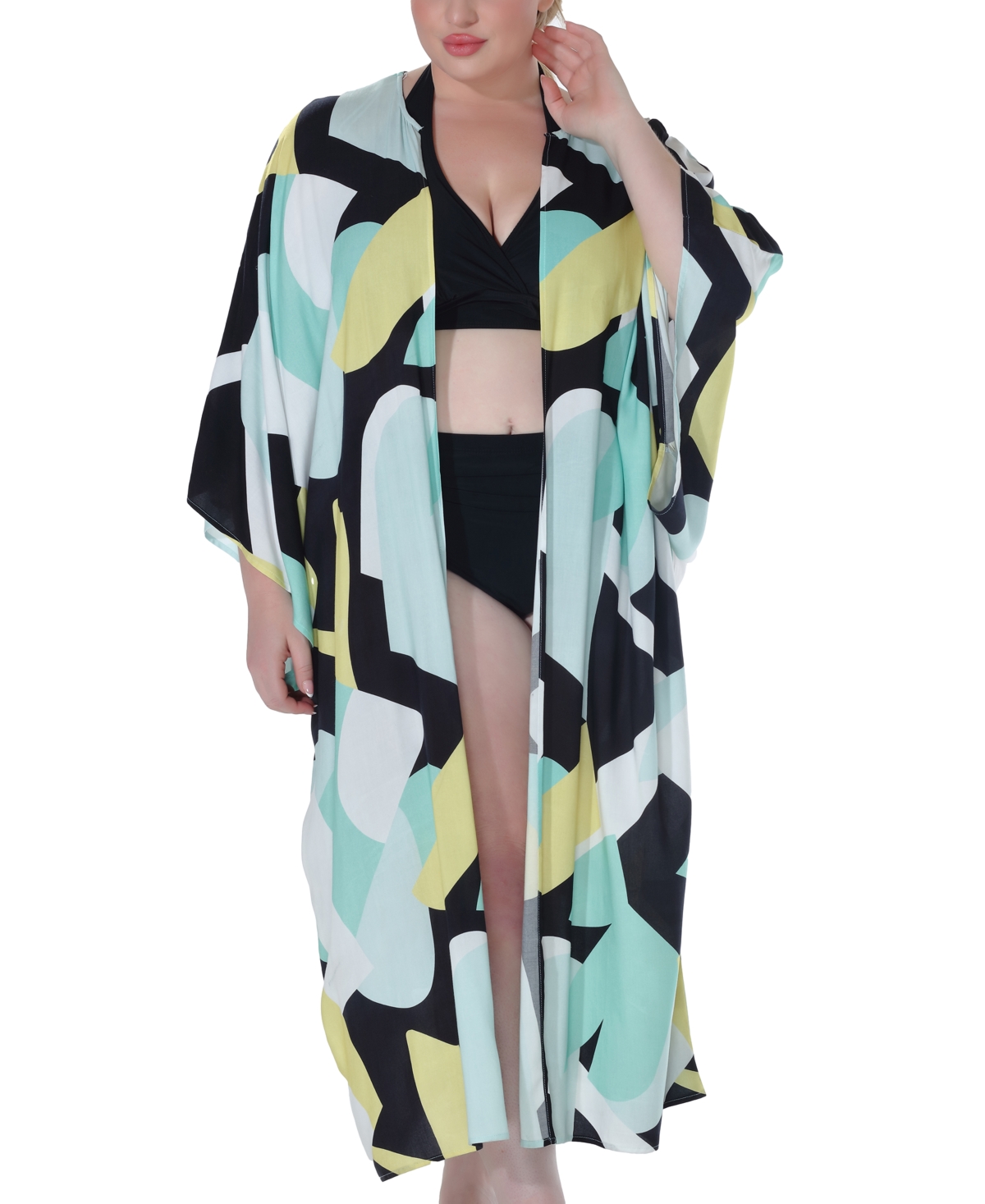 Raviya Plus Size Printed Open-front Kimono Cover-up In Yellow Abstract