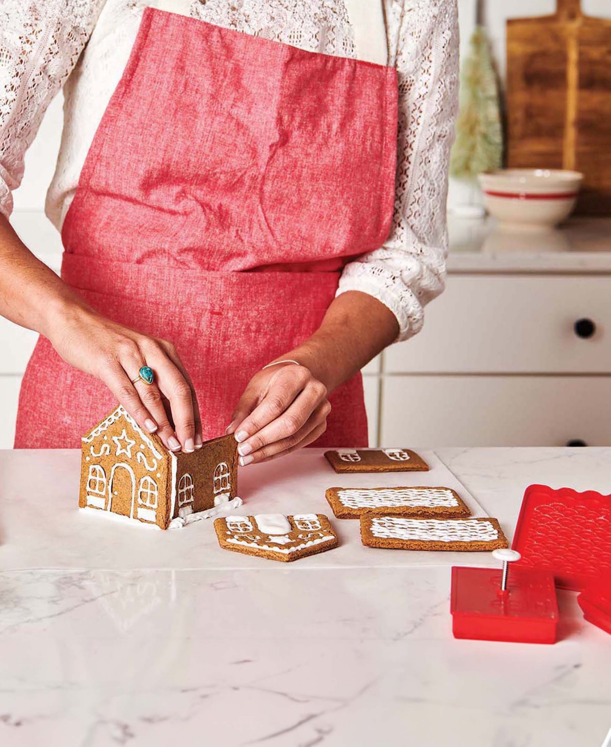 King Arthur Baking Company Gingerbread 3-piece House Pop-out Cutters And Kid's Apron Set In Red