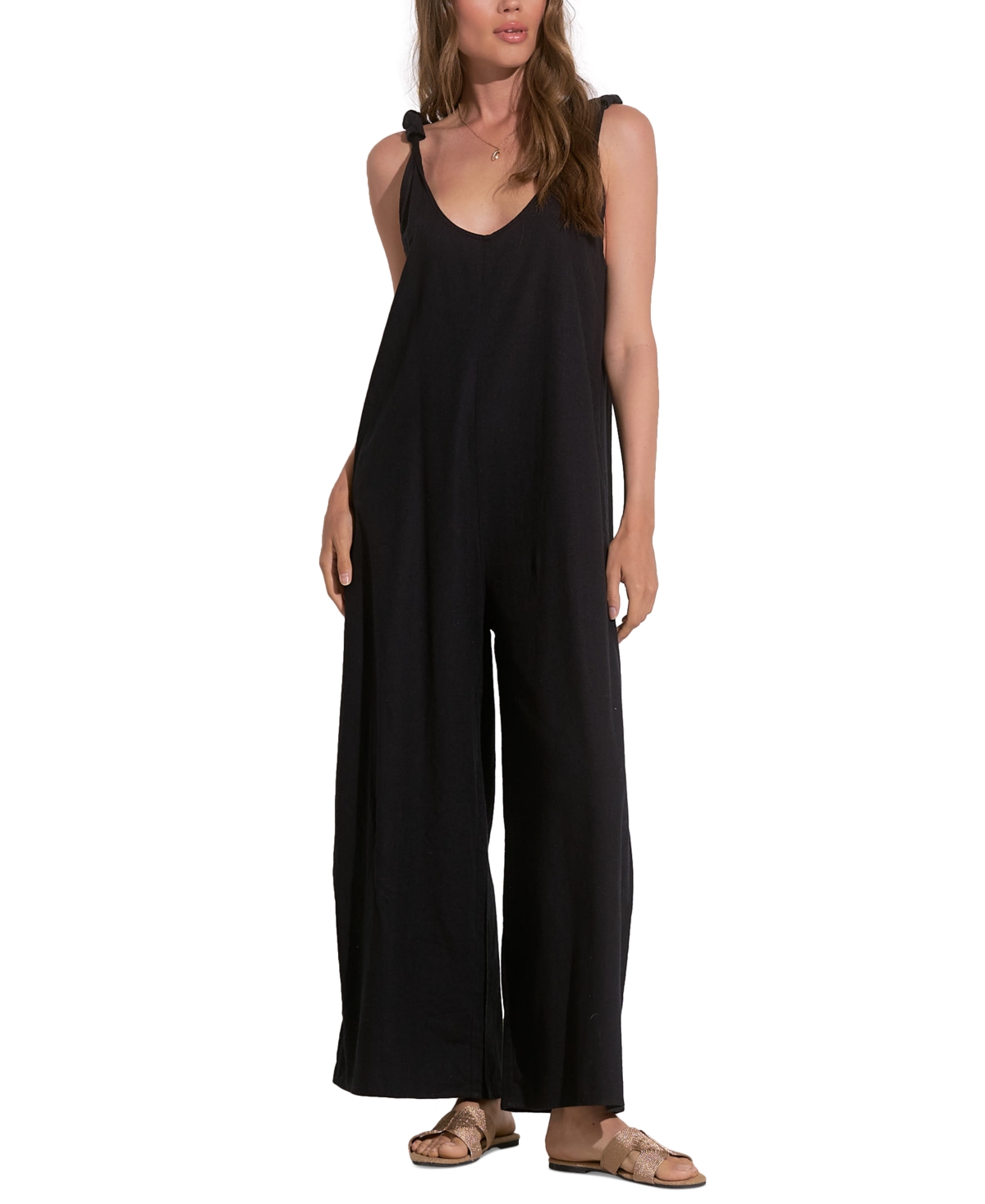 Shop Elan Women's V-neck Sleeveless Wide-leg Jumpsuit In Black