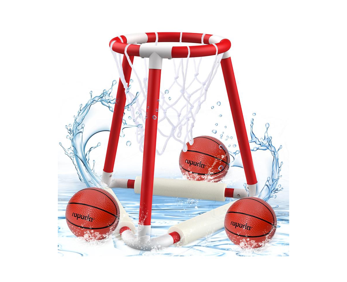 Pool Basketball Hoop, Floating Basketball Hoop for Pool with 3 Pool Balls, Pump and Float Foam - Red