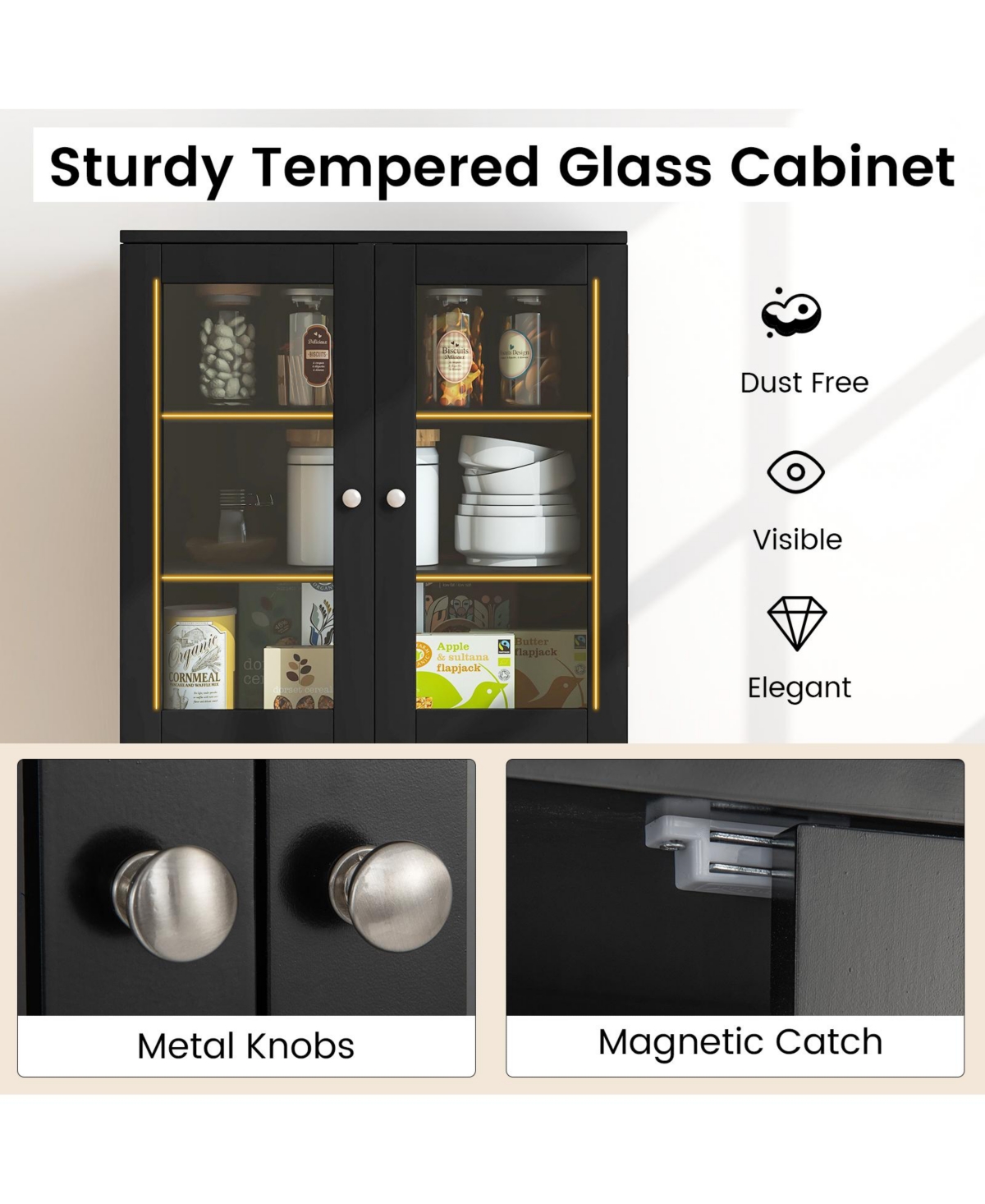 Gouun Tall Kitchen Pantry Cabinet with Dual Tempered Glass Doors and Shelves