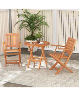 Patio Wood Folding Chair Set of 2 with Armrests and Slatted Seat