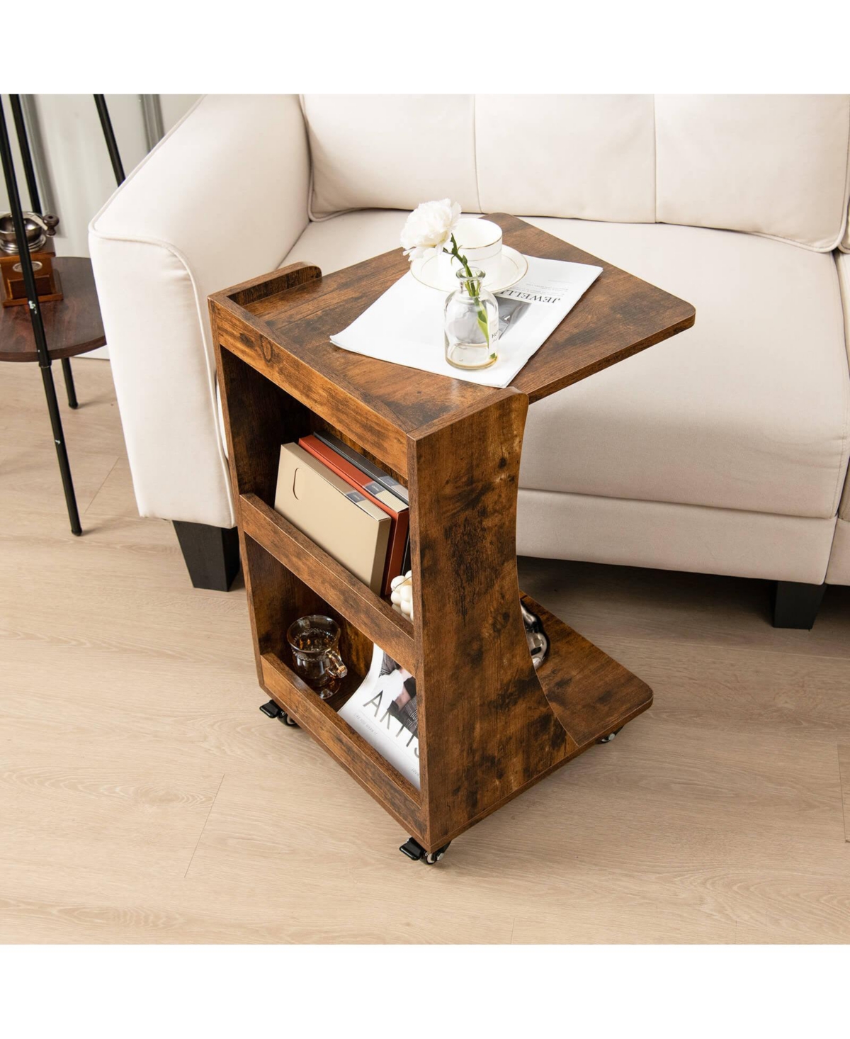 Gouun C-shaped Rolling End Side with Back Storage Shelves beside Sofa