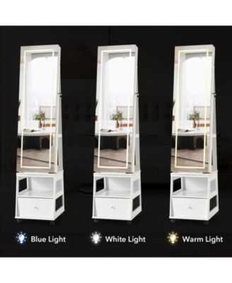 360° Swivel Jewelry Armoire with Full Length Mirror, LED Vanity Mirror with Jewelry Storage Drawer, Shelf, Wheels, Freestanding Lockable Jewelry Organizer for Bedroom