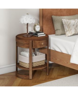 2-Tier Round End Table Mid Century Modern Nightstand with Drawer and Shelf