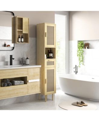 1Pc Rattan Doors, Adjustable Shelves & Slim Design Tall Bathroom Storage Cabinet