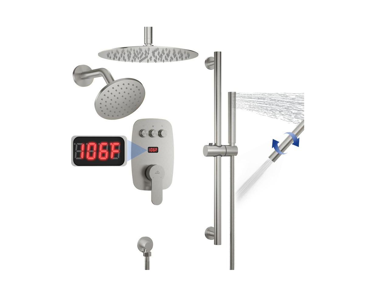 3-Function Dual Showerhead Temperature Digital Display Shower System With 2-Setting Slider Bar Handheld - Matte black