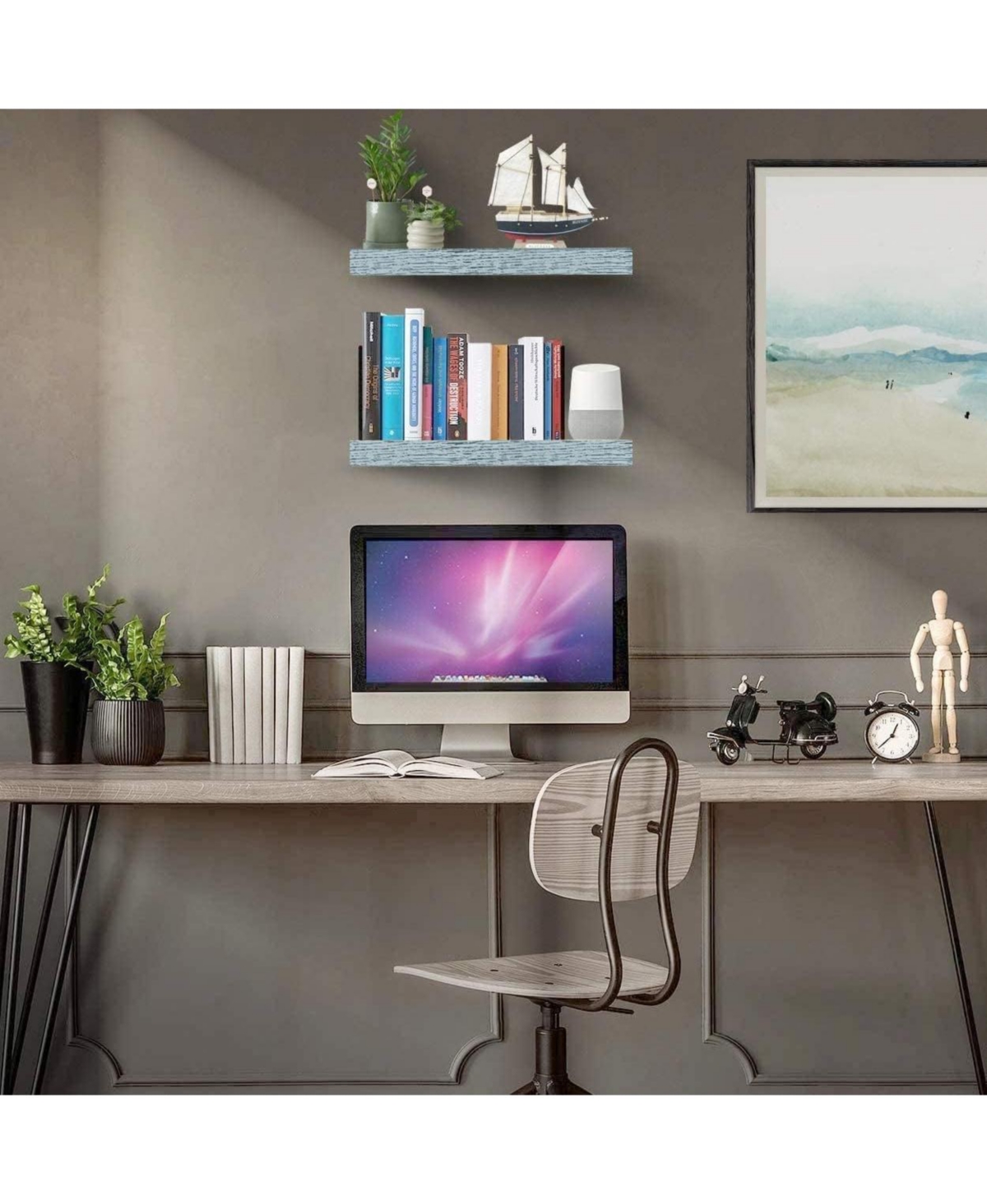 Sorbus 2 Pack Coastal Rectangle Floating Shelves - for Home DAcor to Display Trophies, Books, Frames, and more- Rustic blue