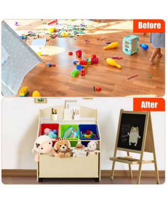 Kids Wooden Toy Storage Unit Organizer w/Rolling Toy Box &amp; Plastic Bins