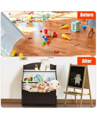 Kids Wooden Toy Storage Unit Organizer w/Rolling Toy Box & Plastic Bins