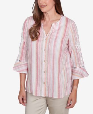 Women's Coming Up Roses Striped Button Down Embroidered Sleeve Top
