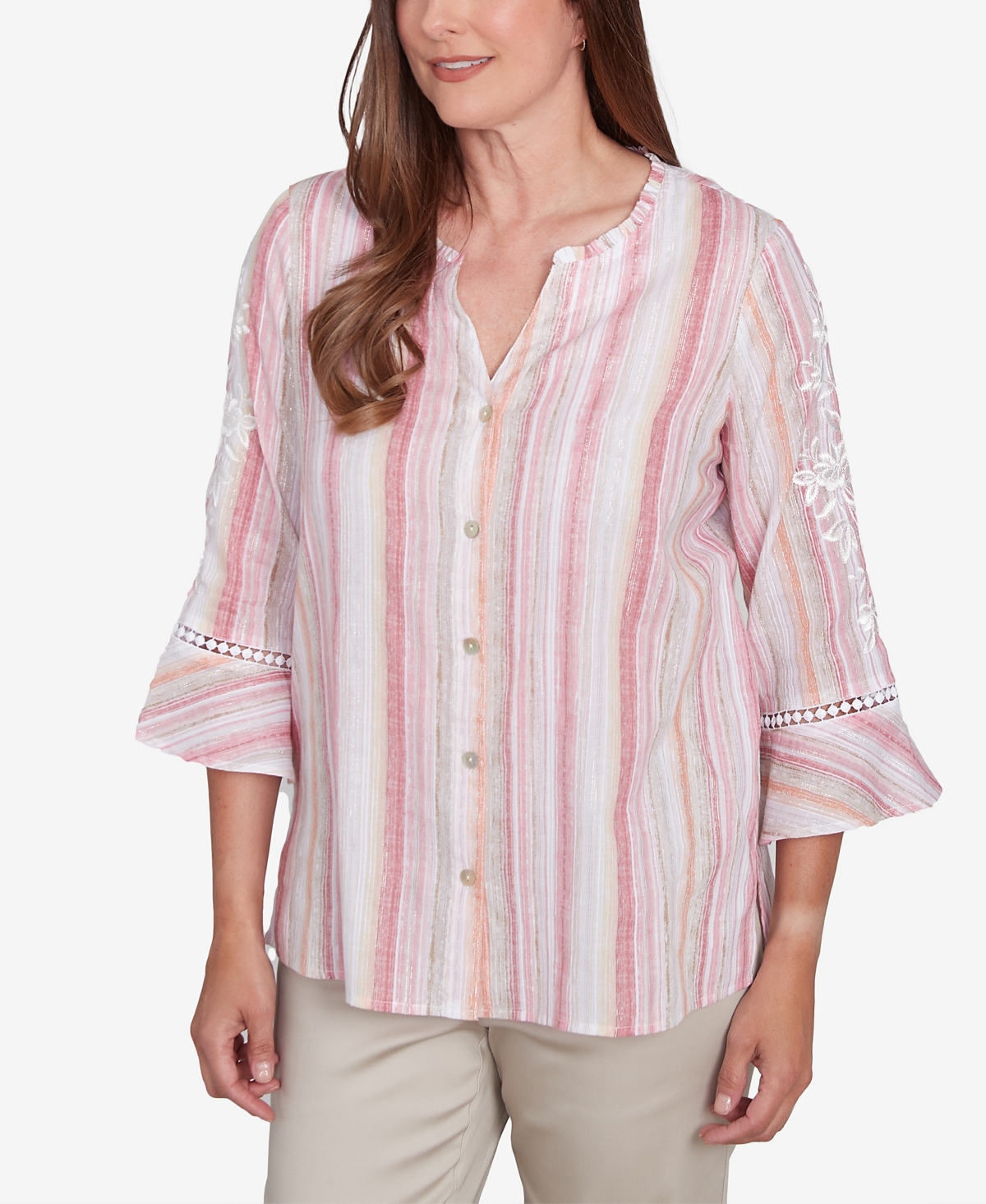 Alfred Dunner Petite Button Down Embroidered Sleeve Top In Multi Pink