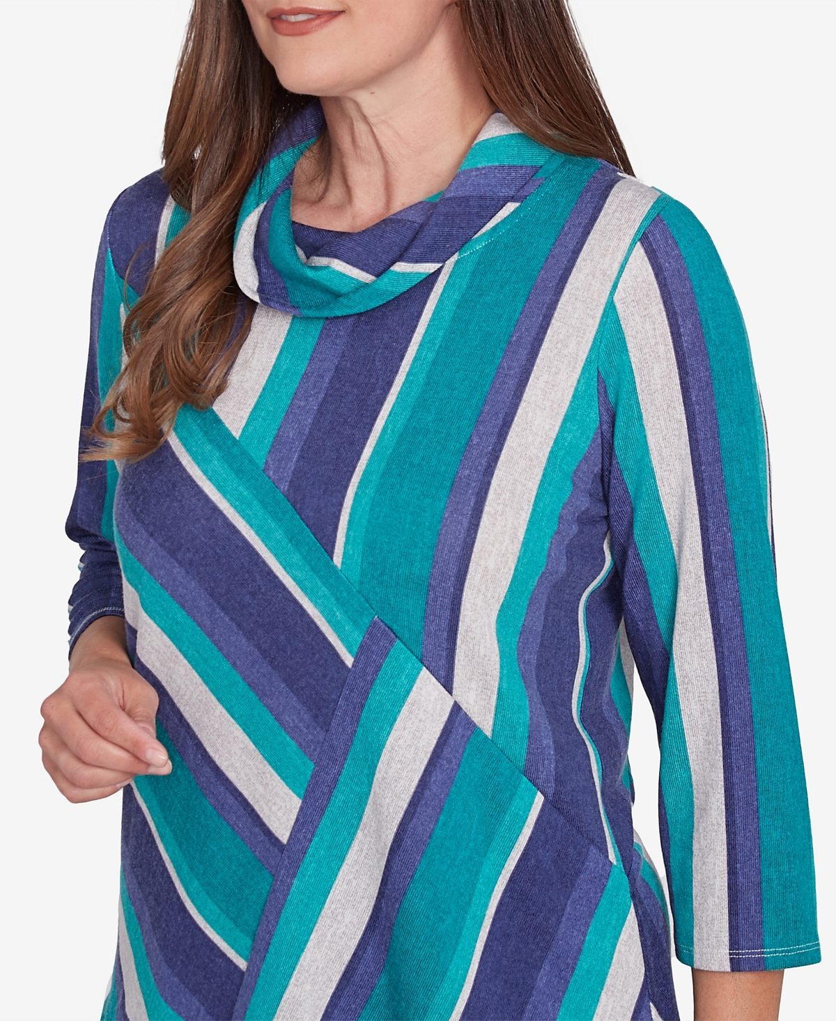 Alfred Dunner Petite French Quarter Spliced Stripe Cowl Neck Top In Multi Green