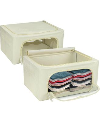 2 Pack Small Foldable Storage Box - Metal Frame, Oxford Fabric, Large Window & Handles - Organization for Bedroom, Linens & Clothes (Beige)