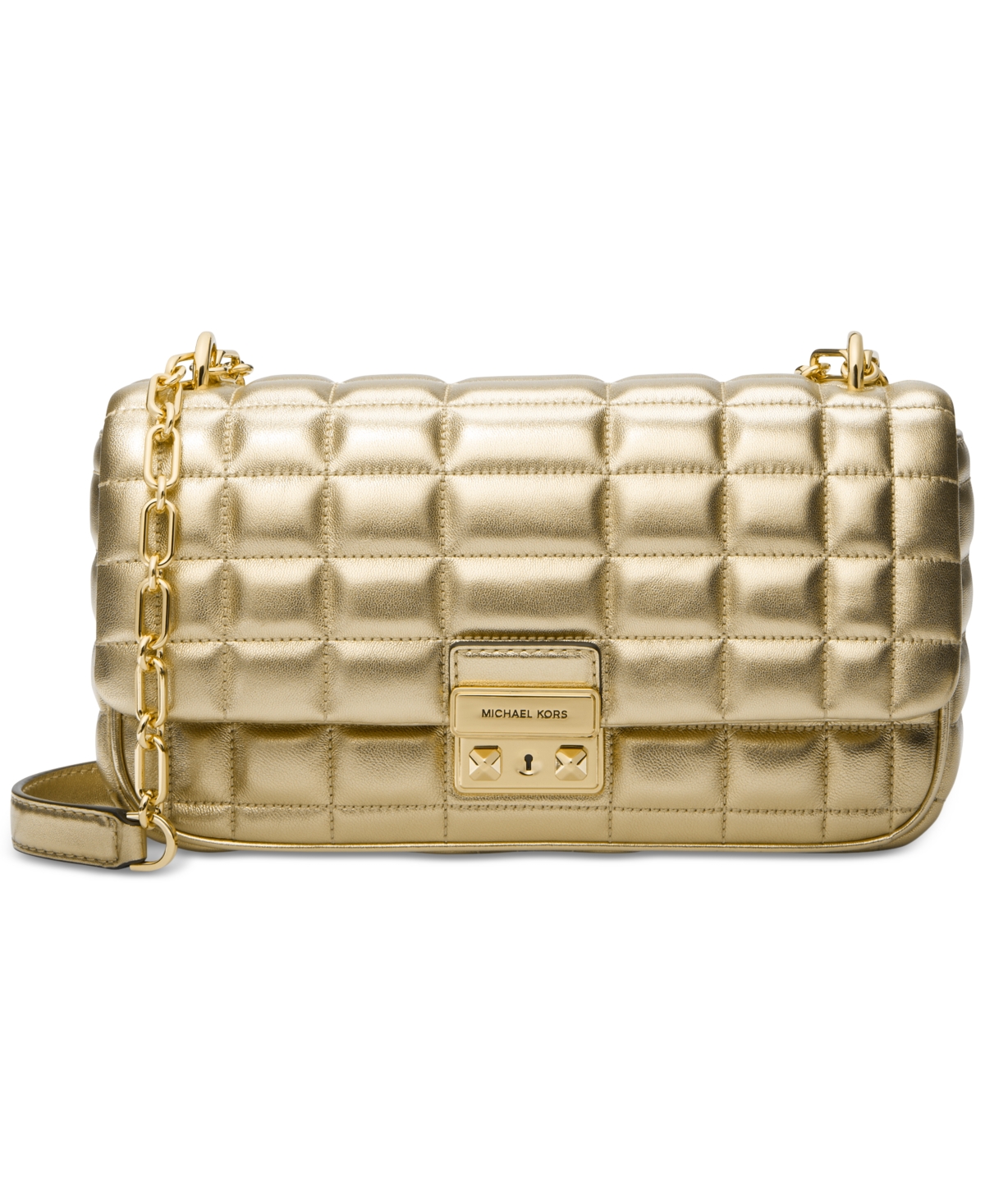 Michael Kors Tribeca Large Metallic Quilted Leather Shoulder Bag In Pale Gold