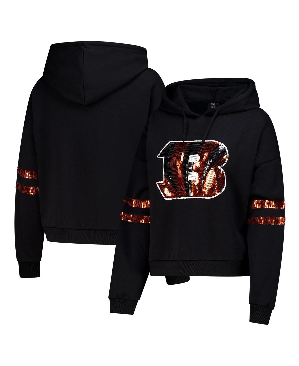Women's Black Cincinnati Bengals Cropped Sequins Pullover Hoodie - Black