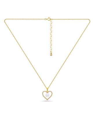 Freshwater Cultured Pearl Cubic Zirconia Open Heart Pendant Necklace