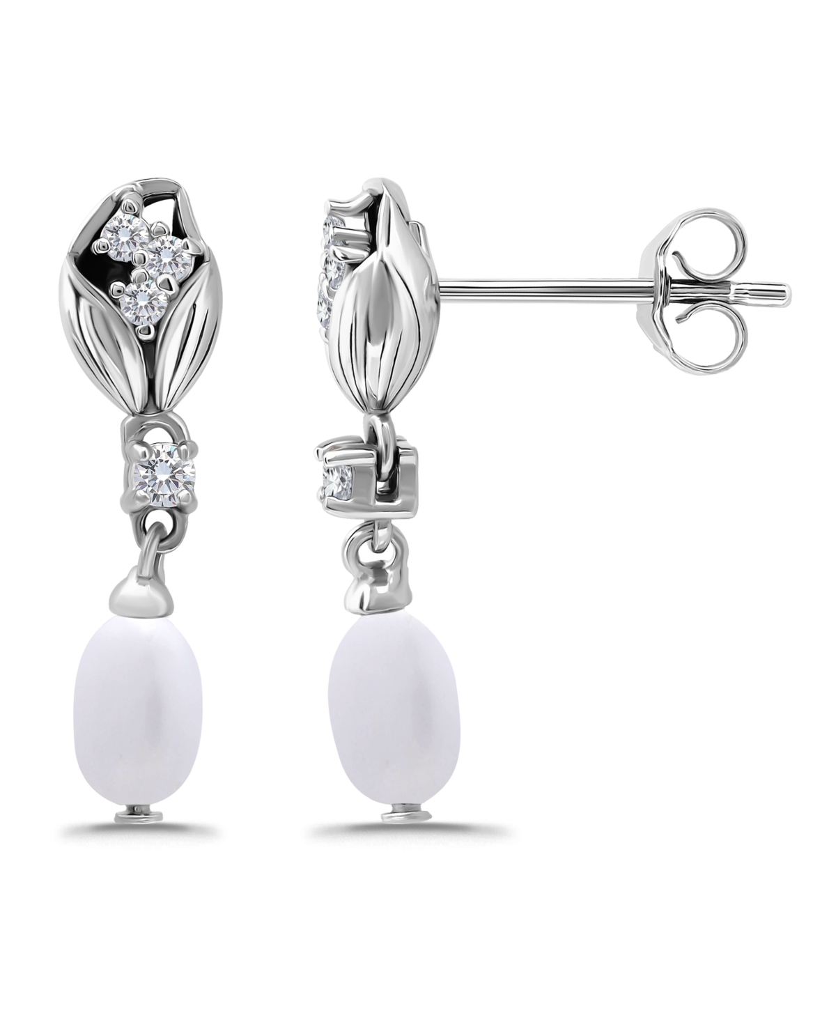 Macy's Macy Oval Freshwater Cultured Pearl Drop Cubic Zirconia Tulip Design Post Earrings In Silver