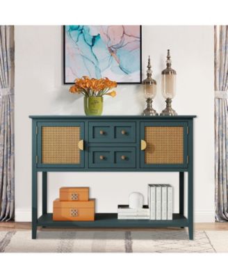 Console Table with Rattan 2 Drawers, Accent Sofa Table Entryway Table with Cabinet Storage, Narrow Wood Sofa Table, 2 Tier Long Behind Couch Table for Living Room