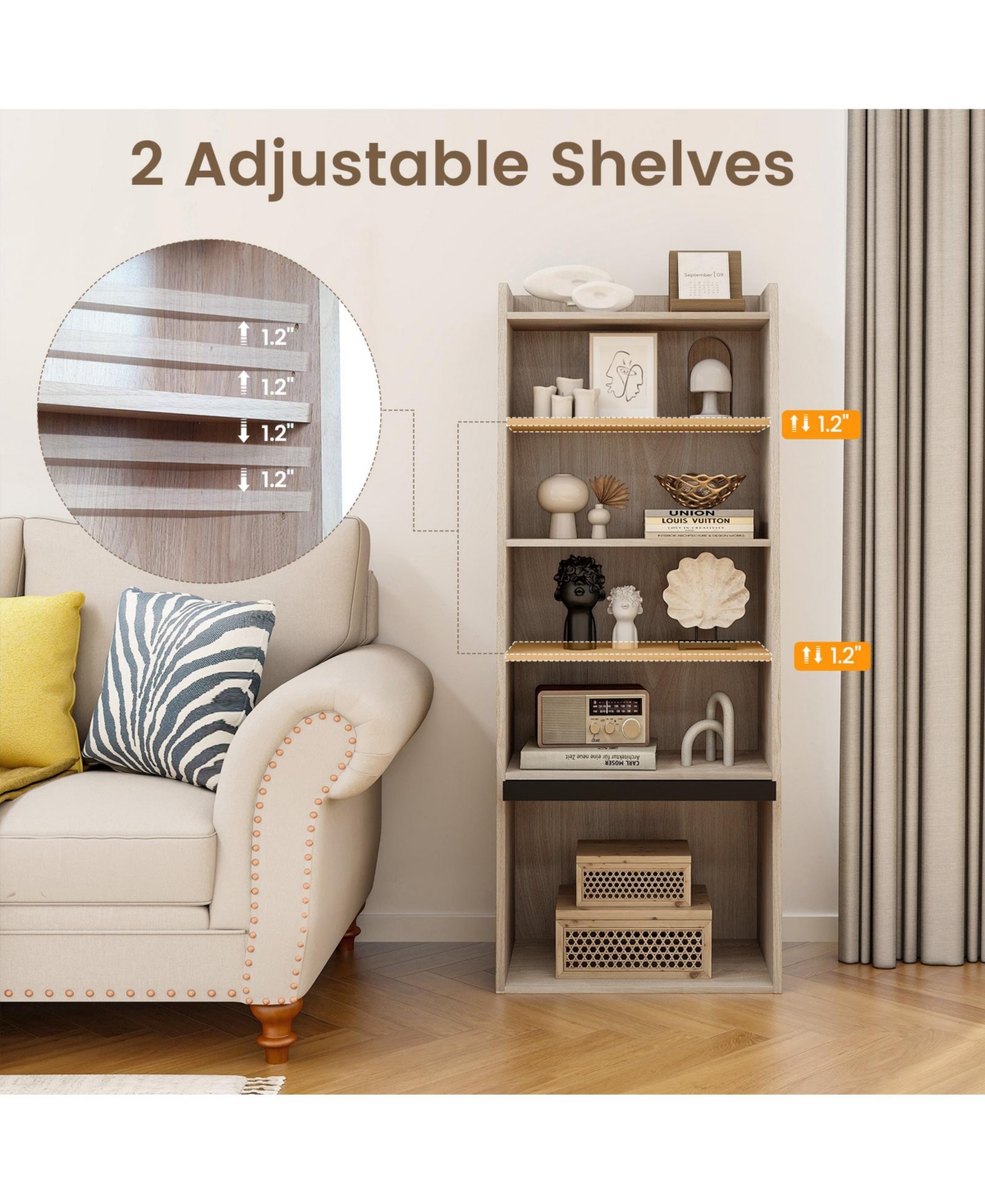 Gouun 6-Tier Bookcase Freestanding Ladder Bookshelf with 2 Adjustable Shelves and Flip Up Door